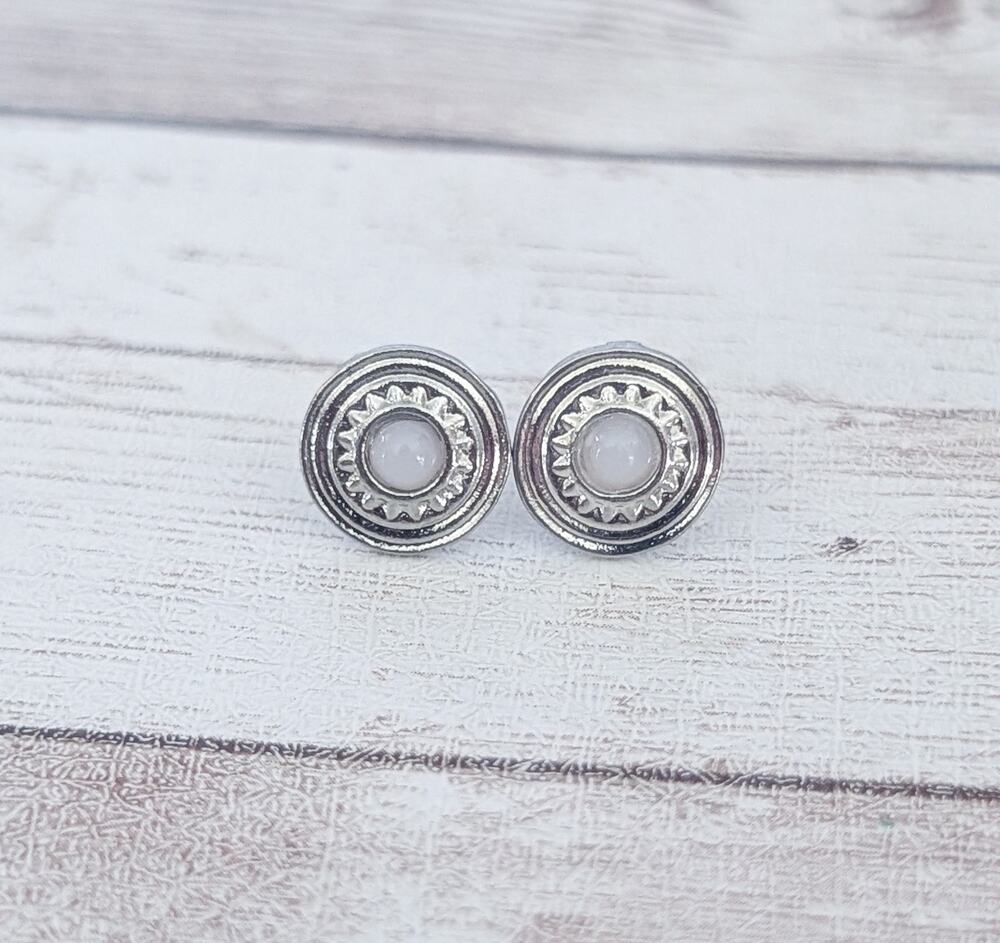 Vintage Stud Earrings Silver Tone with Cloudy Center - Small & Dainty